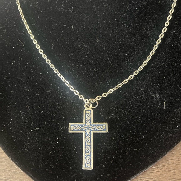 Silver Tone Blue Enameled Cross Necklace - Picture 2 of 6